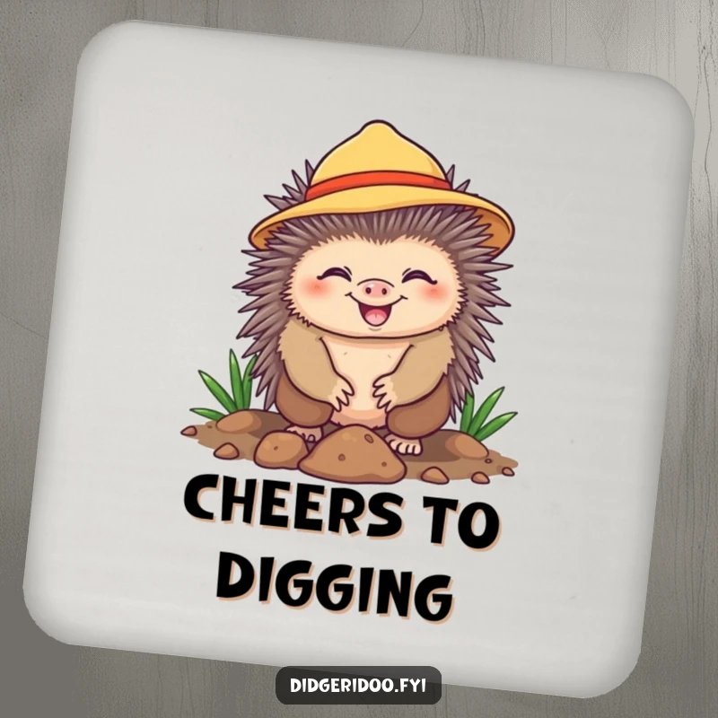 Funny Drink Coaster showing a cheerful echidna wearing a sun hat, happily digging with a grin. A humorous and protective accessory.