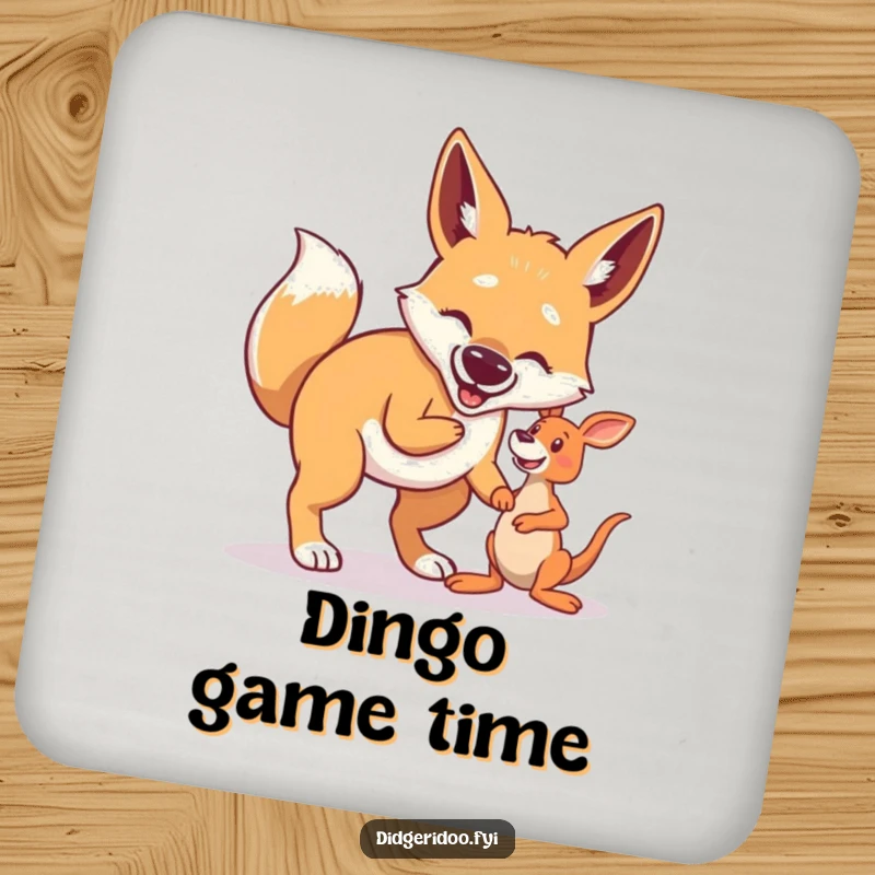 Funny Dingo Coaster: A proud dingo is depicted playing fetch with a small kangaroo toy, a humorous touch for drink protection.