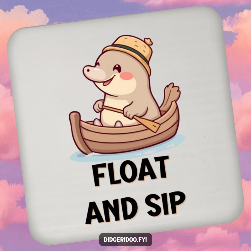 Funny giggling platypus wearing a tiny cork hat, paddling a miniature boat, humorous coasters to protect surfaces with charm.