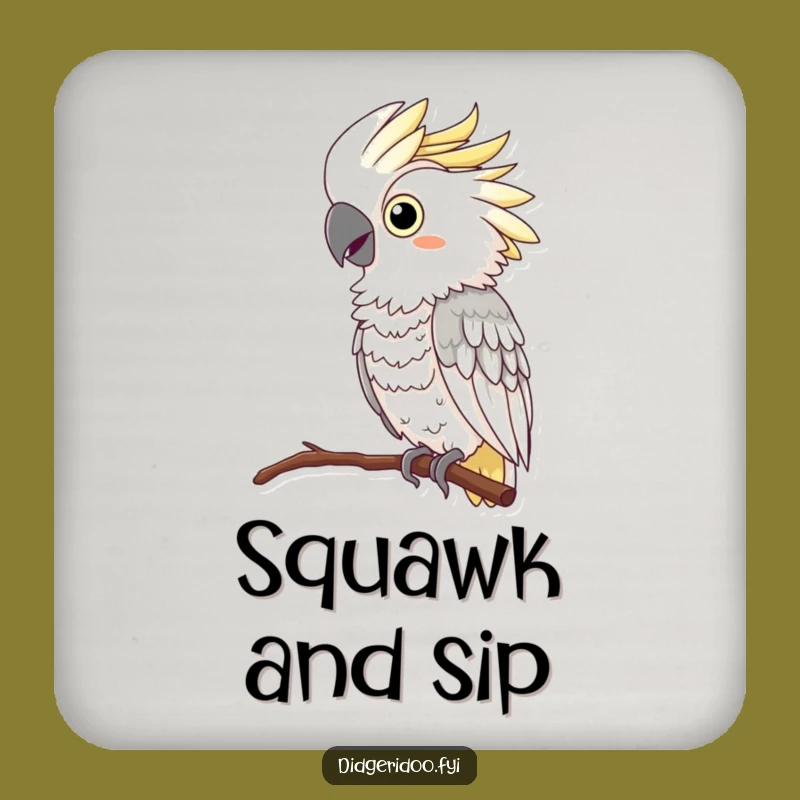 Funny Cockatoo Squawking Coaster: Protect surfaces with a curious cockatoo feather boa squawking, a sassy funny gift.