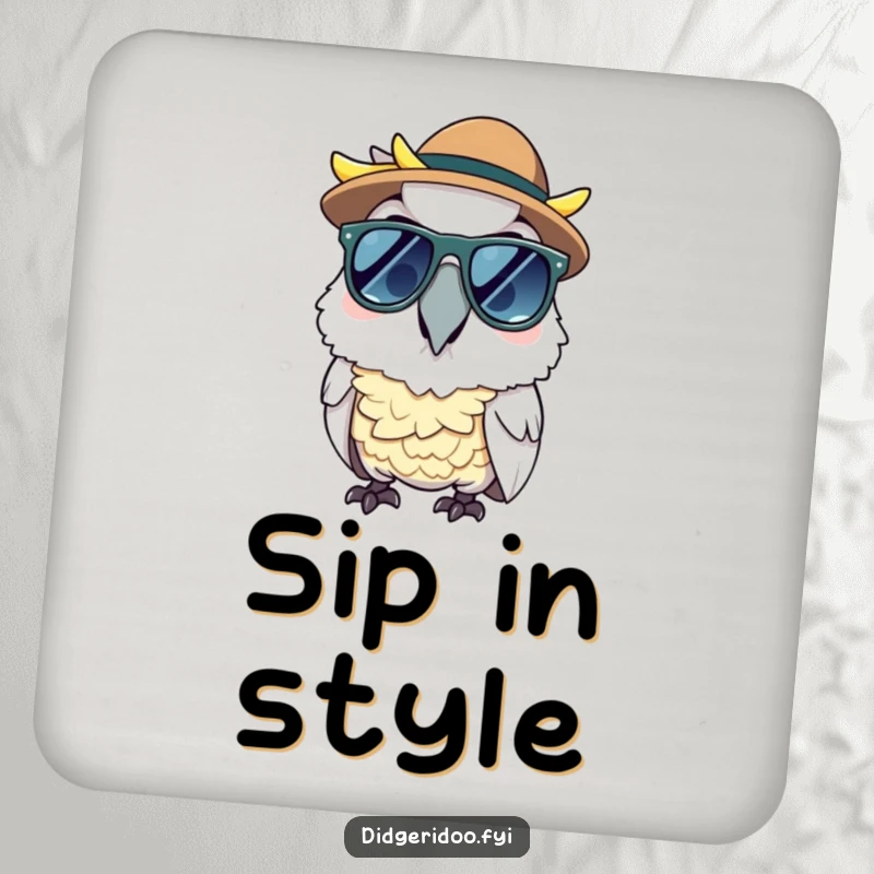 Funny cheerful cockatoo wearing sunglasses and an Akubra hat, on drink coasters, adding cool humor to tabletops.
