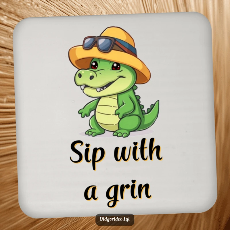 Funny crocodile coasters, wearing a cool hat, giving a friendly toothy grin, protecting surfaces with whimsical charm.