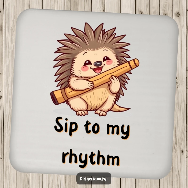 Funny playful echidna character happily playing a didgeridoo, on drink coasters, adding musical humor to tabletops.