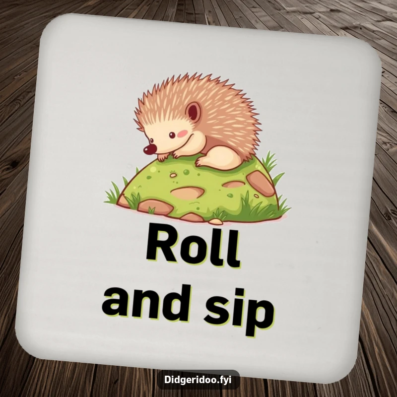 Funny echidna rolling playfully down a grassy hill, on a hilarious animal drink coaster.