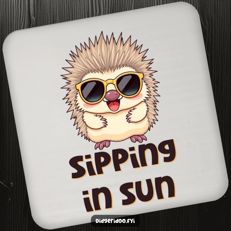 Funny echidna in sunglasses, humorously protecting a drink surface, adding a cool vibe to any table.