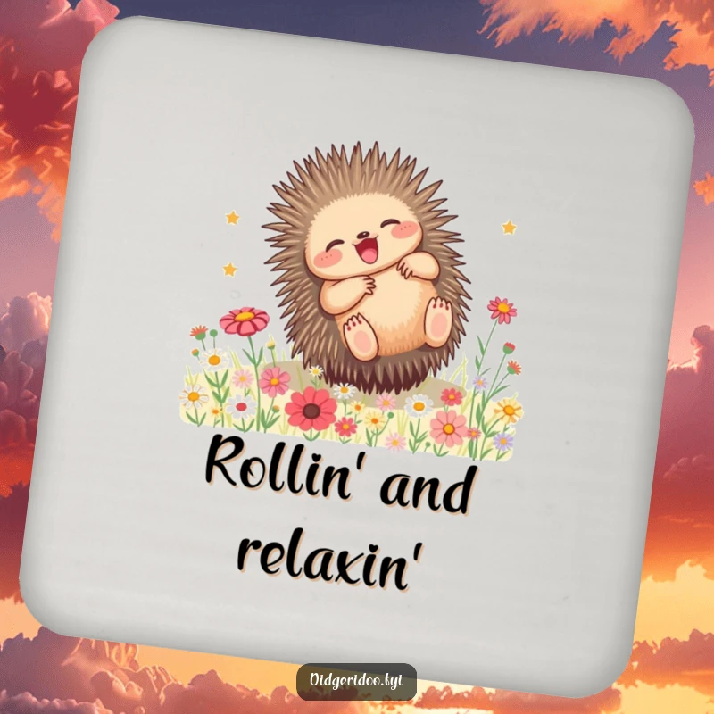 Funny Echidna Wildflower Coaster: A playful echidna rolls joyfully in wildflowers, adding charming and funny vibes to your drinks.