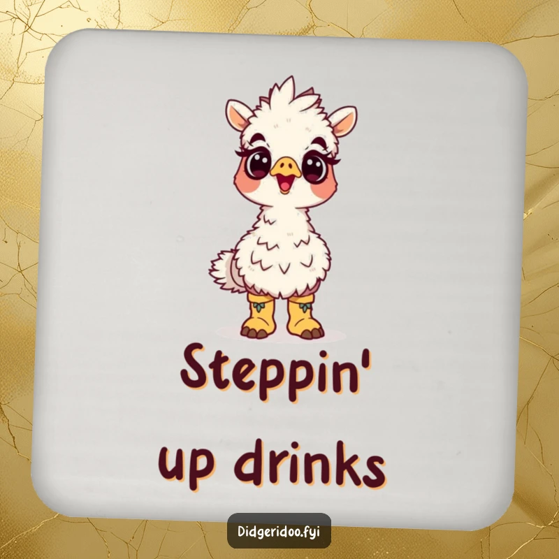 Funny emu boots coasters with a surprised cartoon emu wearing tiny boots looking up, protecting surfaces with humorous flair.