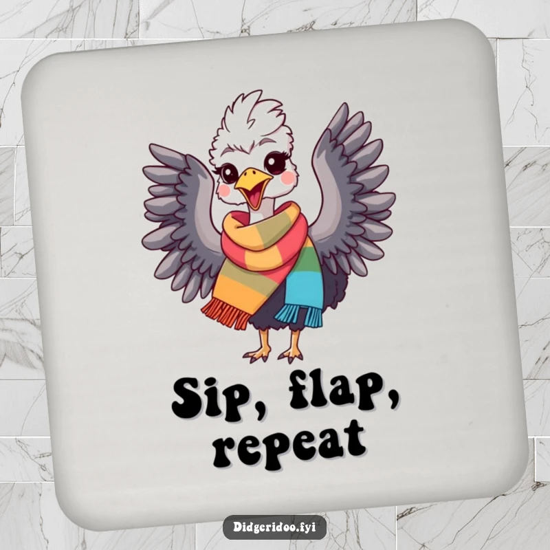 Funny Emu Coaster: A delightful emu in a scarf, flapping wings in joy, protecting your surfaces. Great funny gift.