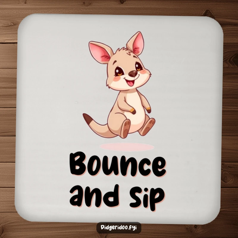 Funny Kangaroo Cub Drink Coaster featuring a cute, grinning joey in a bouncing pose, protecting your furniture.