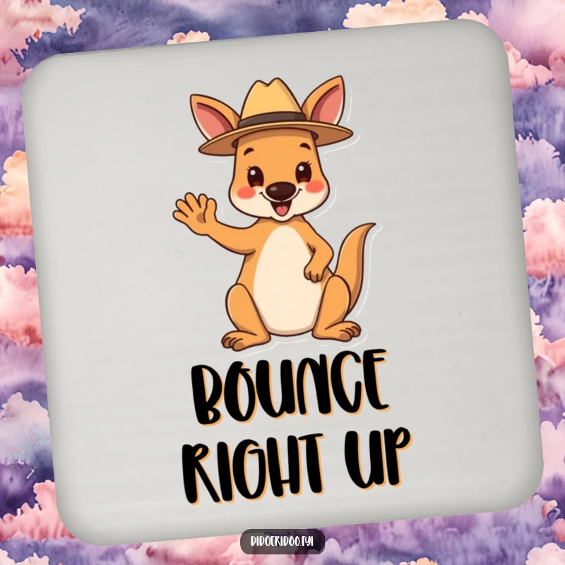 Funny Drink Coaster: A happy kangaroo wearing a tiny Akubra hat waves hello, a whimsical and protective table accessory.