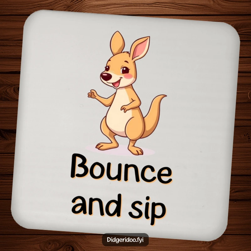 Funny smiling kangaroo character performing a silly little jig, on drink coasters, adding dance humor to tabletops.