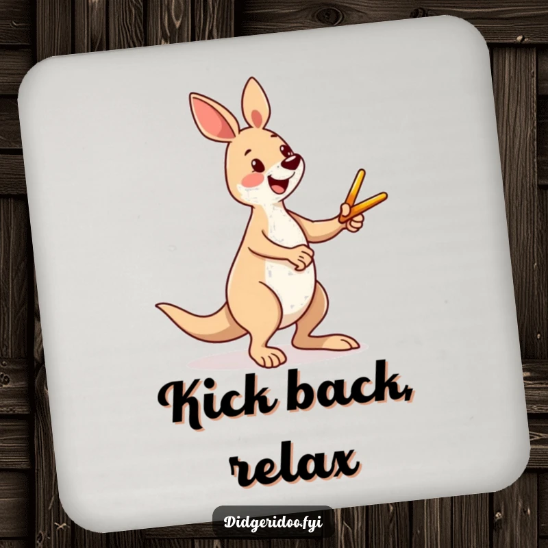 Funny kangaroo drink coaster featuring a happy character kicking a miniature boomerang, offering protection with a side of Aussie humor.