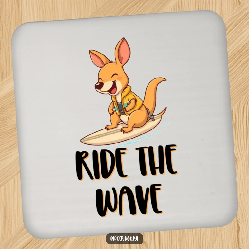 Funny laughing kangaroo wearing a surf vest riding a surfboard, a humorous and protective drink coaster.