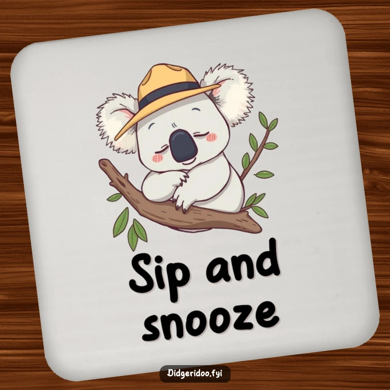 Funny Drink Coaster showcasing a smiling koala wearing an Akubra hat, snoozing on a branch.