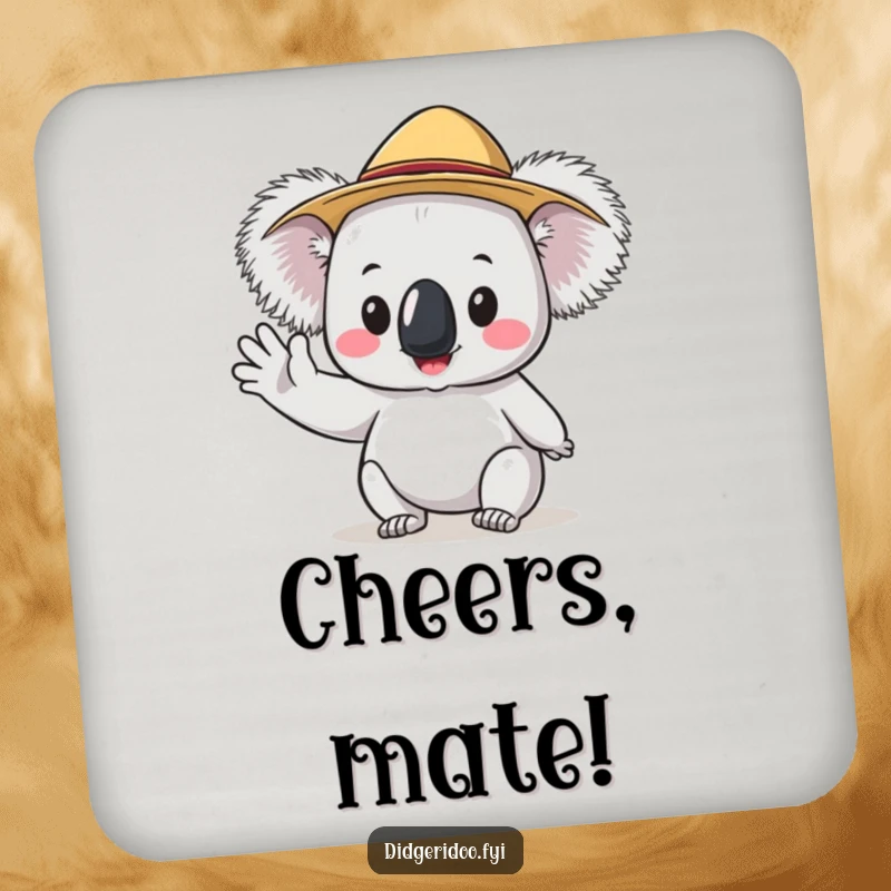 Funny Koala Coasters with a tiny Akubra hat waving hello, adding humorous Australian flair to any drink surface.