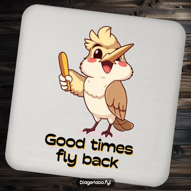 Funny, delighted kookaburra character joyfully throwing a boomerang, featured on a drink coaster to protect surfaces with style.