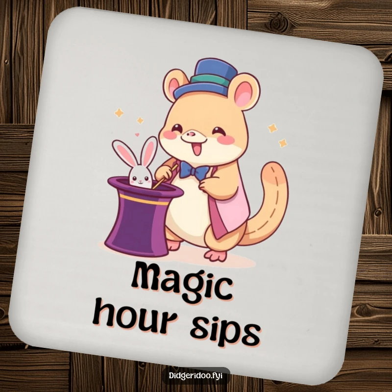 Funny platypus magician coasters with a giddy cartoon platypus pulling a rabbit from a hat, protecting surfaces with humor.