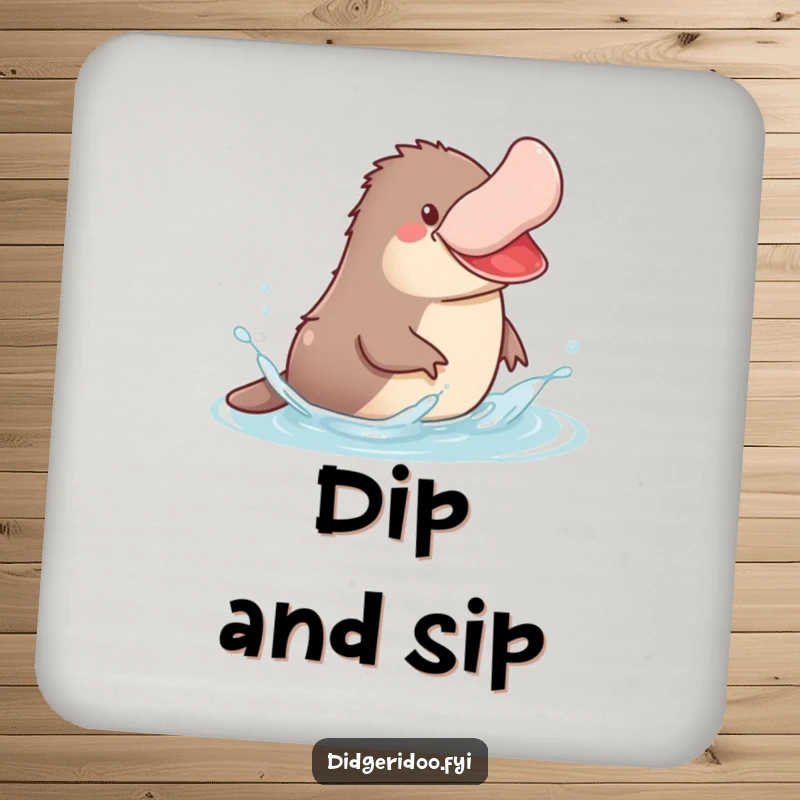 Funny Platypus Drink Coaster featuring a jovial platypus splashing in stylized water, safeguarding your furniture.