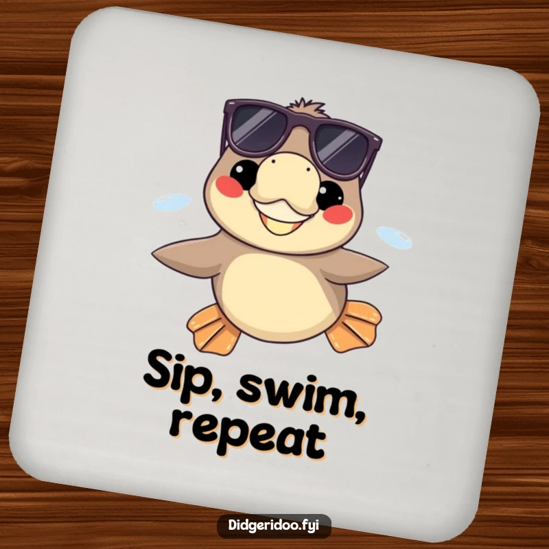 Funny platypus with sunglasses grinning, swimming with flippers extended on drink coasters, protecting furniture with humorous flair.