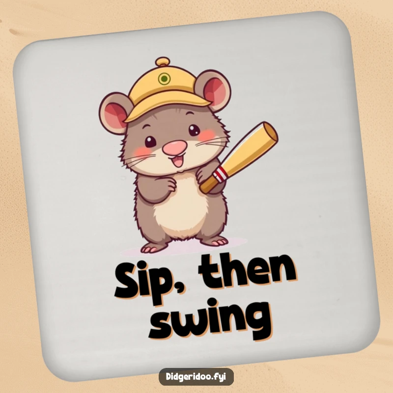 Funny Drink Coaster showing a wobbly wombat in a cricket cap, enthusiastically batting. A humorous and protective accessory.