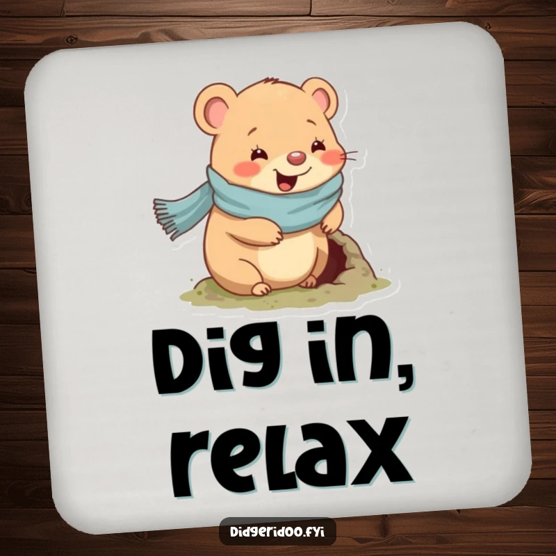 Funny wombat coaster featuring a wombat in a scarf digging a hole, protecting surfaces with cozy charm.