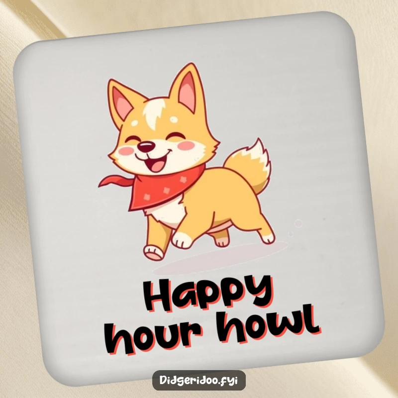 Funny dingo coaster featuring a dingo in a bandana chasing a shadow, protecting surfaces with canine humor.