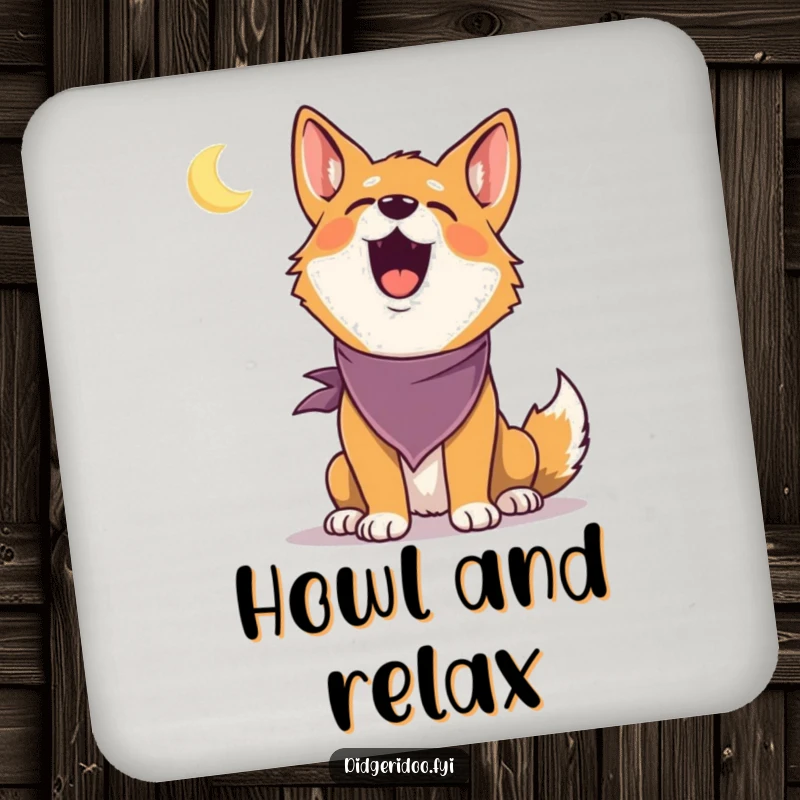 Funny Dingo Coaster: A delighted dingo in a bandana howls at a tiny moon, a humorous coaster for drinks.