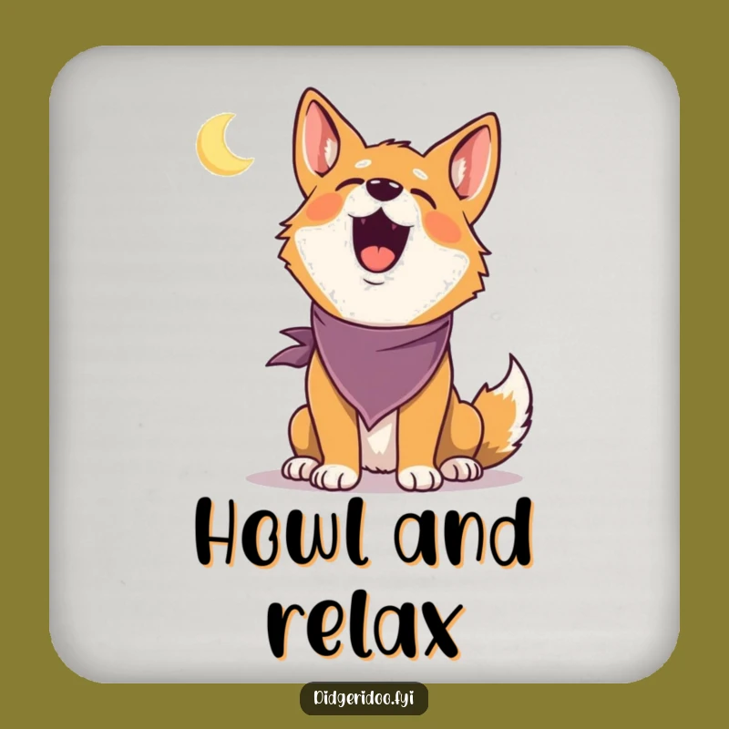 Funny Dingo Howling Coaster: Protect surfaces with a delighted dingo bandana howling at moon, a small funny gift.