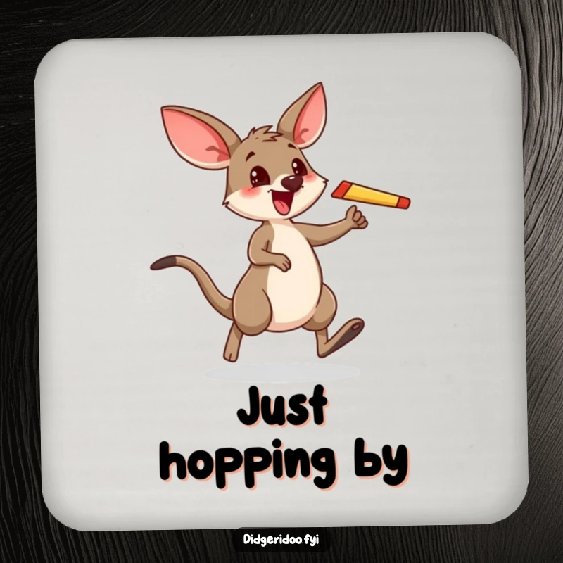 Funny drink coaster with a wallaby performing a happy boomerang hop, adding playful Australian flair to any surface.