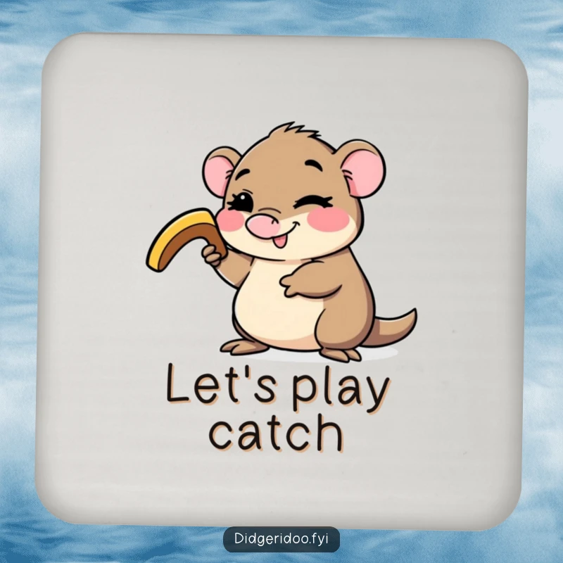 Funny platypus character drink coaster, winking and holding a small boomerang, offering tabletop protection with a side of quirky Australian humor.