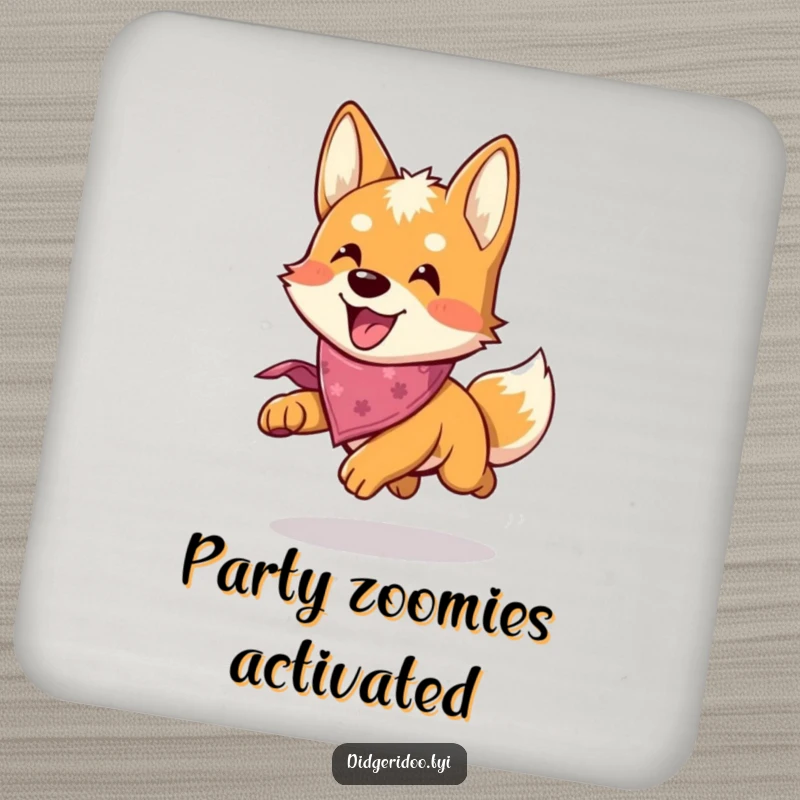 Funny Dingo Coaster: A happy dingo in a bandana chases, adding a touch of playful humor to your drink setup.