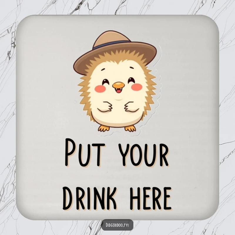 Funny, cheerful echidna character in a miniature Akubra hat, featured on a drink coaster to protect surfaces with style.