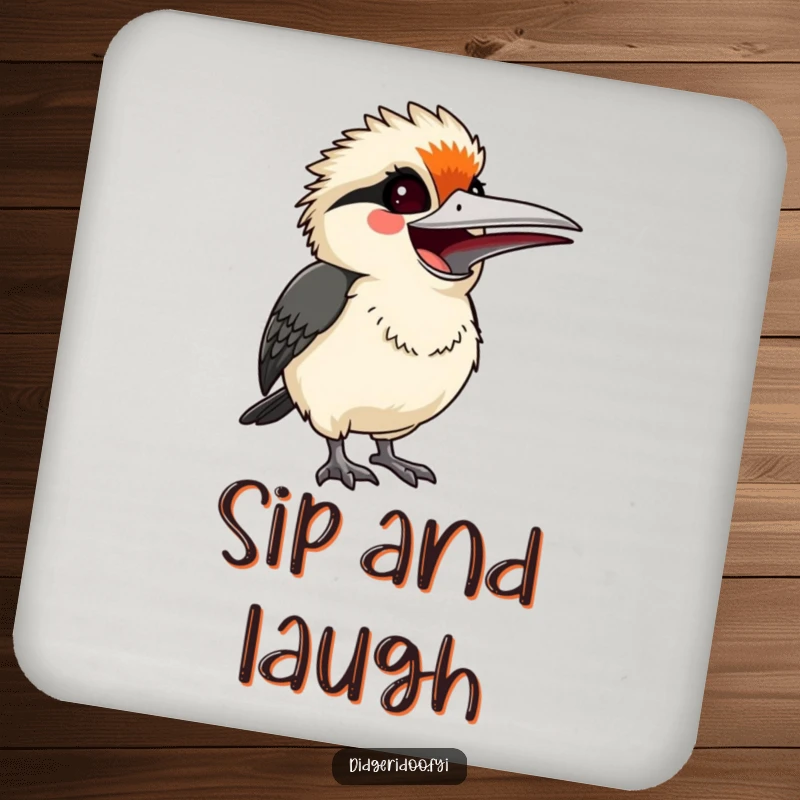Funny startled but smiling kookaburra, letting out a joyful laugh, humorous coasters to protect surfaces with charm.