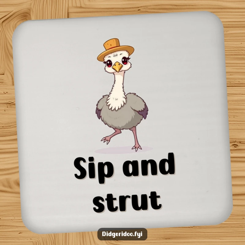Funny Drink Coaster showcasing a proud emu wearing a tiny cork hat, strutting confidently.