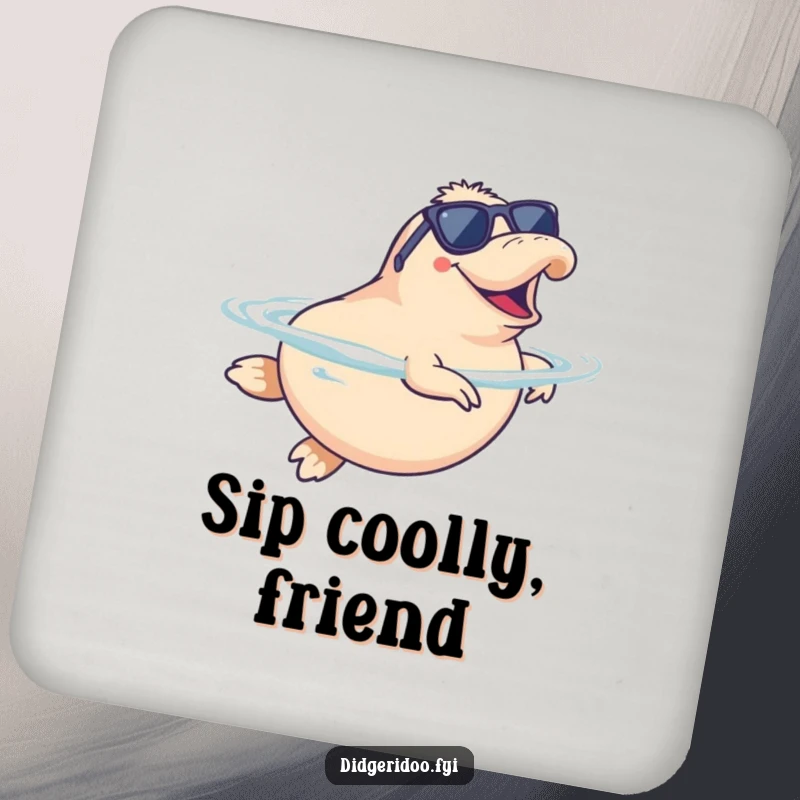 Funny Platypus Coasters wearing sunglasses, doing a happy synchronized swim, adding humorous aquatic flair to any drink surface.