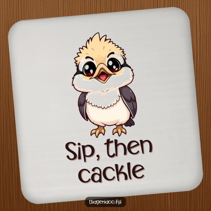 Funny Drink Coaster: A grinning kookaburra with wide eyes looks up, a whimsical and protective table accessory.
