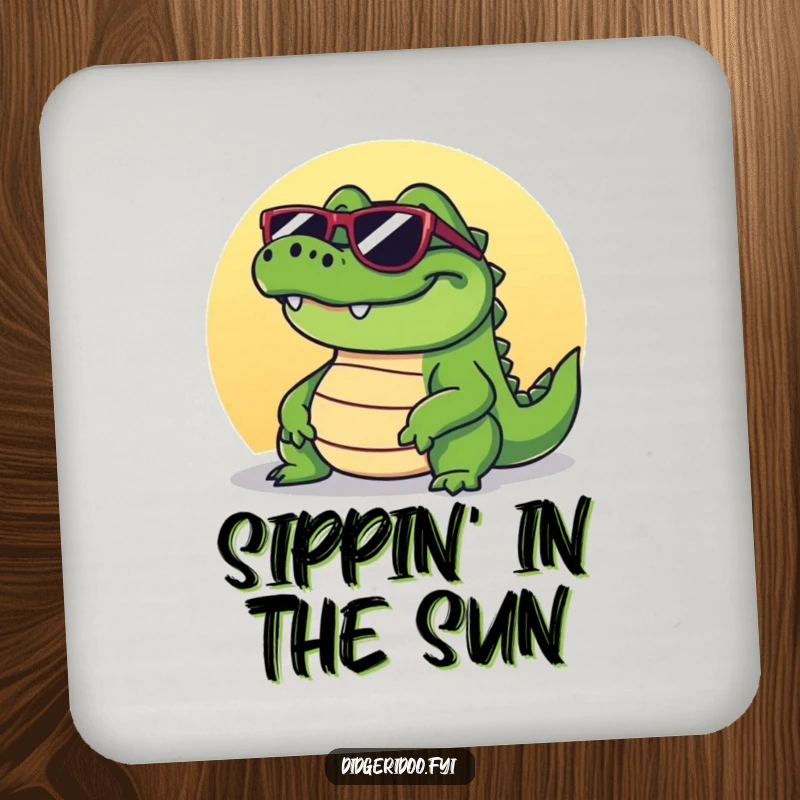 Funny crocodile coasters featuring a grinning reptile in sunglasses, basking in the sun, adding cool vibes to any surface.