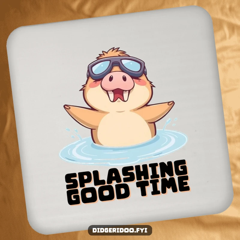 Funny Drink Coaster showcasing a delighted platypus wearing goggles, joyfully swimming in a puddle.