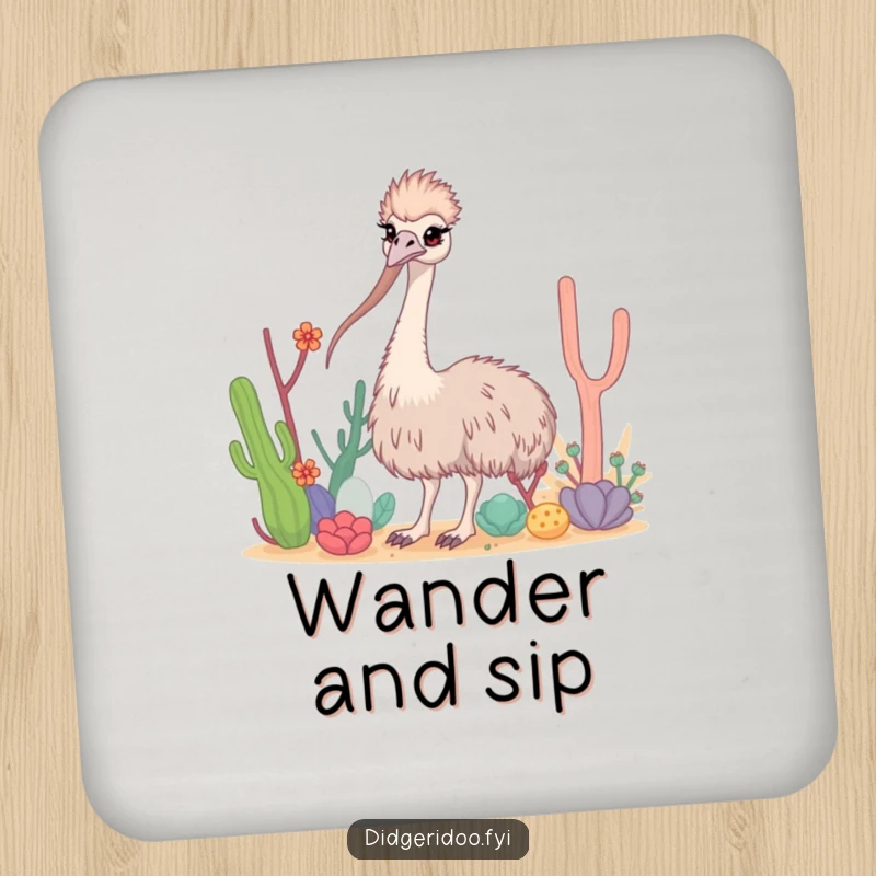 Funny Emu Drink Coaster featuring a curious emu weaving through desert flora, safeguarding your furniture with style.