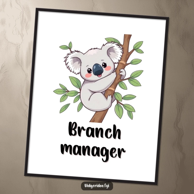 Funny Koala Poster depicting a happy, content koala nestled amongst eucalyptus leaves, bringing a calm vibe.