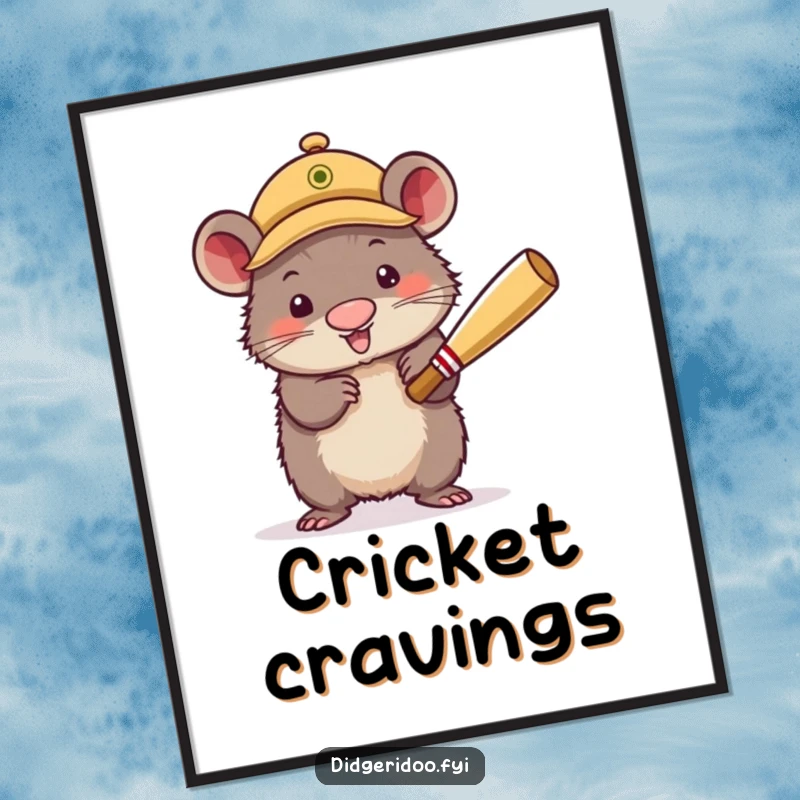 Funny Poster of a wobbly wombat wearing a cricket cap, enthusiastically batting. Humorous sports-themed wall art.
