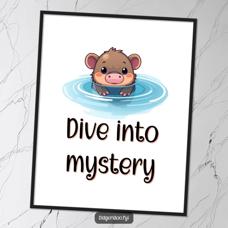 Funny Platypus Pool Poster: Artwork of a curious platypus peeking from a shimmering blue pool, creating intriguing and funny decor.
