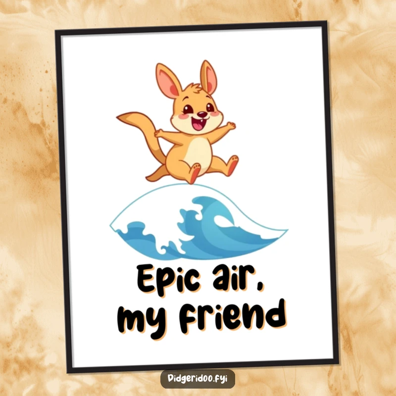 Funny poster print of a cheerful wallaby dynamically leaping over a stylized ocean wave, capturing a moment of pure, unadulterated joy.