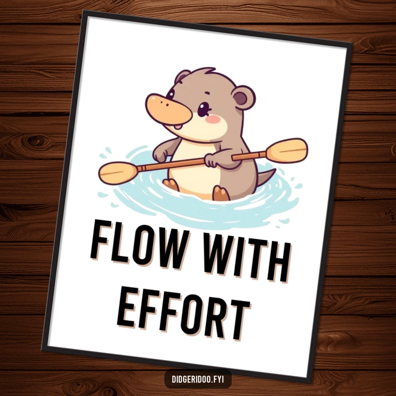 Funny platypus poster depicting a determined character paddling energetically through stylized water, capturing focused Aussie spirit.