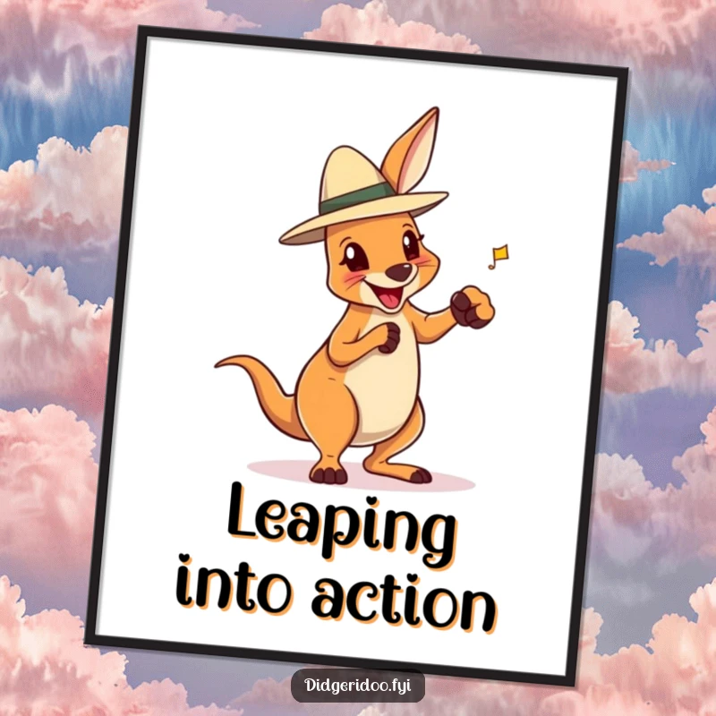 Funny poster art of a delighted kangaroo wearing an Akubra hat, playfully boxing, adding spirited humor to wall decor.