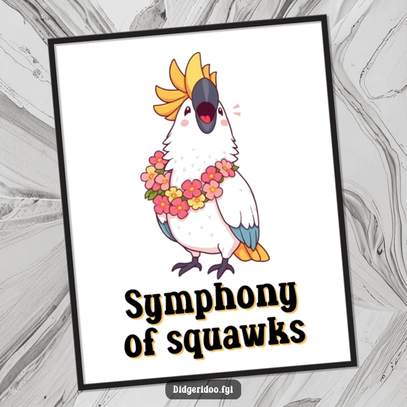 Funny Cockatoo Poster: A proud cockatoo with a floral lei sings with pure joy, bringing a tropical and humorous vibe.