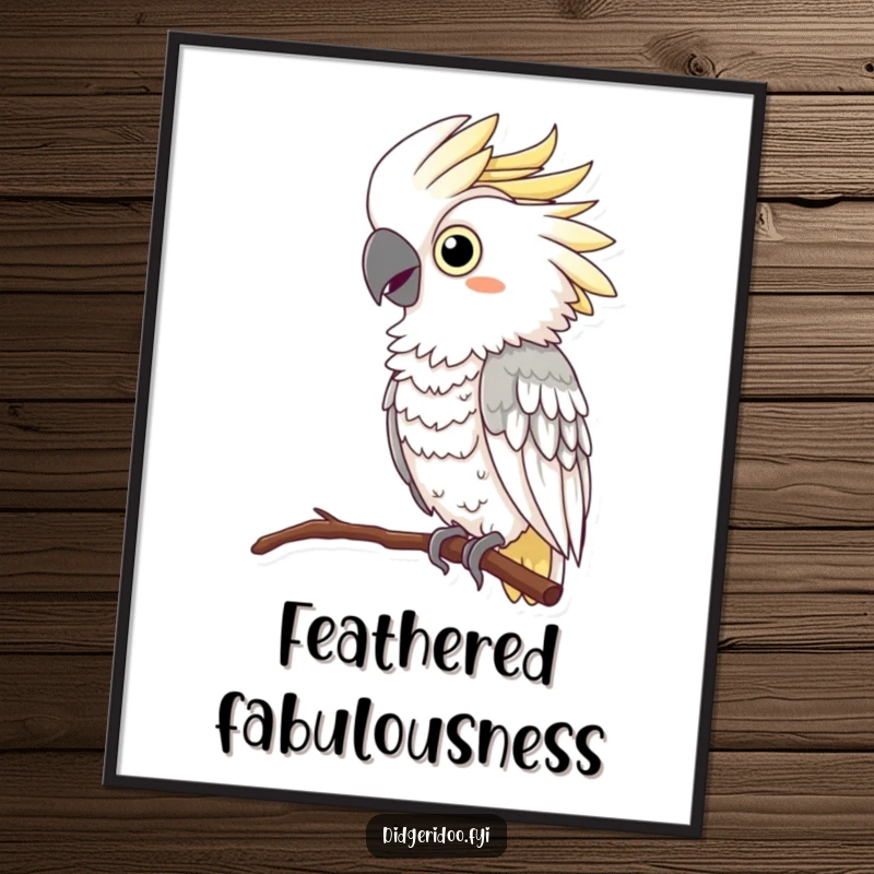 Funny Cockatoo Poster: A curious cockatoo wearing a luxurious feather boa perches and squawks loudly, creating a humorous and vibrant wall piece.