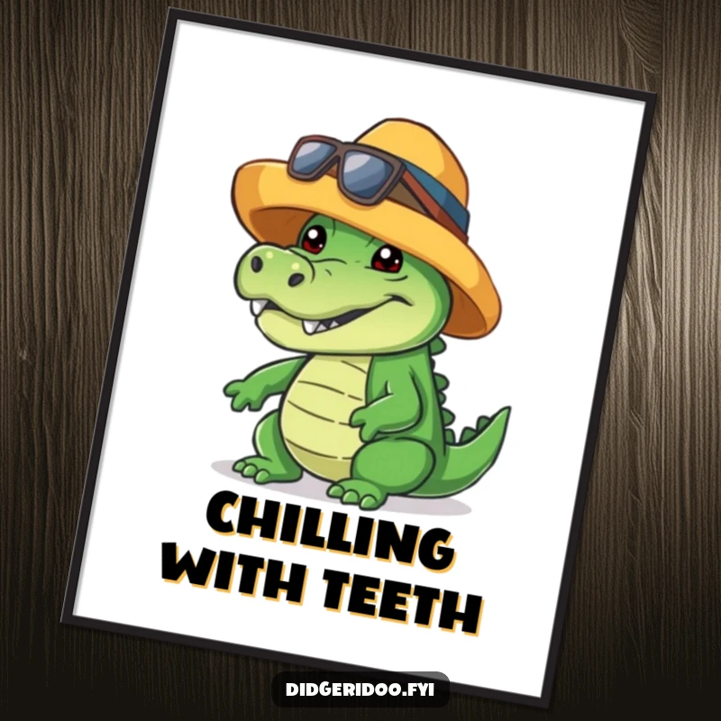 Funny crocodile poster, wearing a cool hat, giving a friendly toothy grin, chic wall art for a humorous gift.