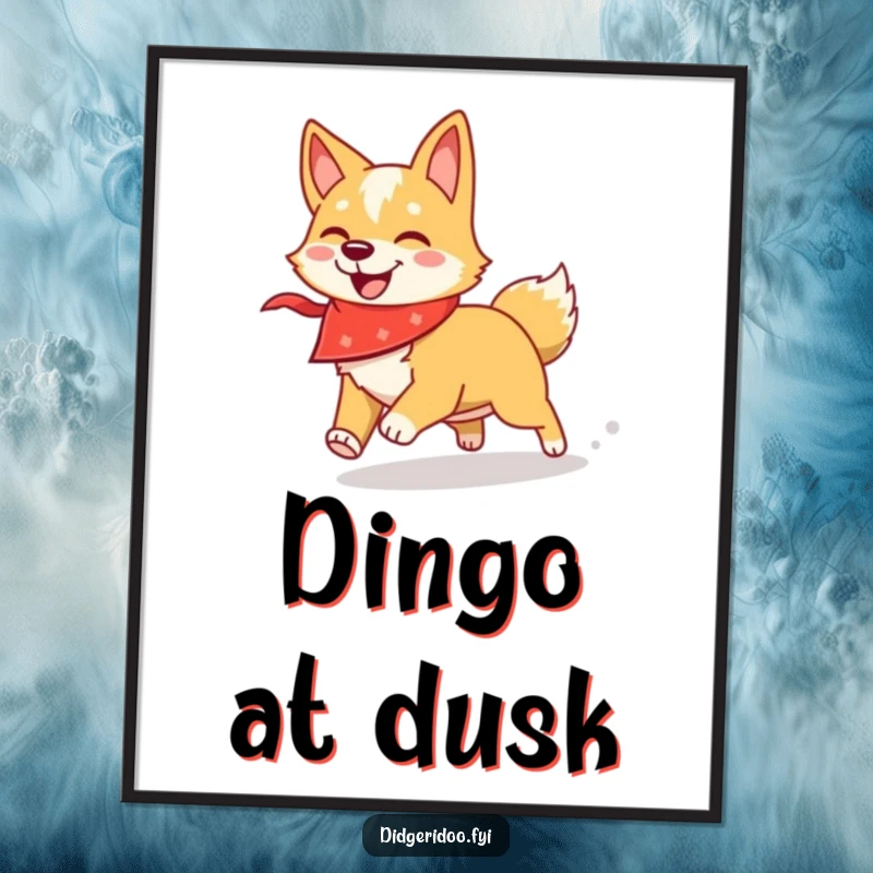 Funny dingo poster of a smiling dingo in a bandana, playfully chasing a shadow, vibrant wall art.