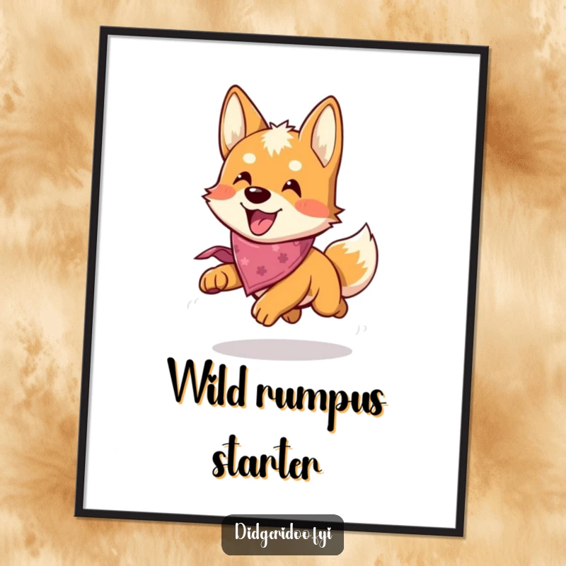 Funny Dingo Poster: A happy dingo in a bandana energetically chases, bringing a playful and humorous vibe to any wall.